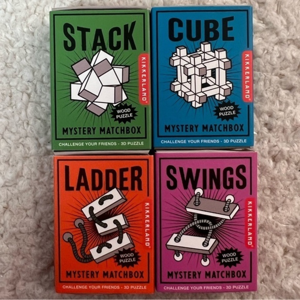 Kikkerland Brainteaser Mystery Mini Matchbox Wooden Puzzle Set of 4